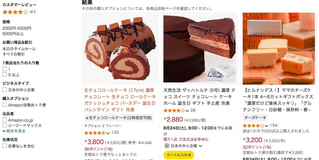 トップスのケーキをAmazonで調べた結果